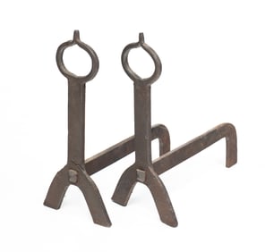 PAIR OF FOLKSY FORGED IRON ANDIRONS.