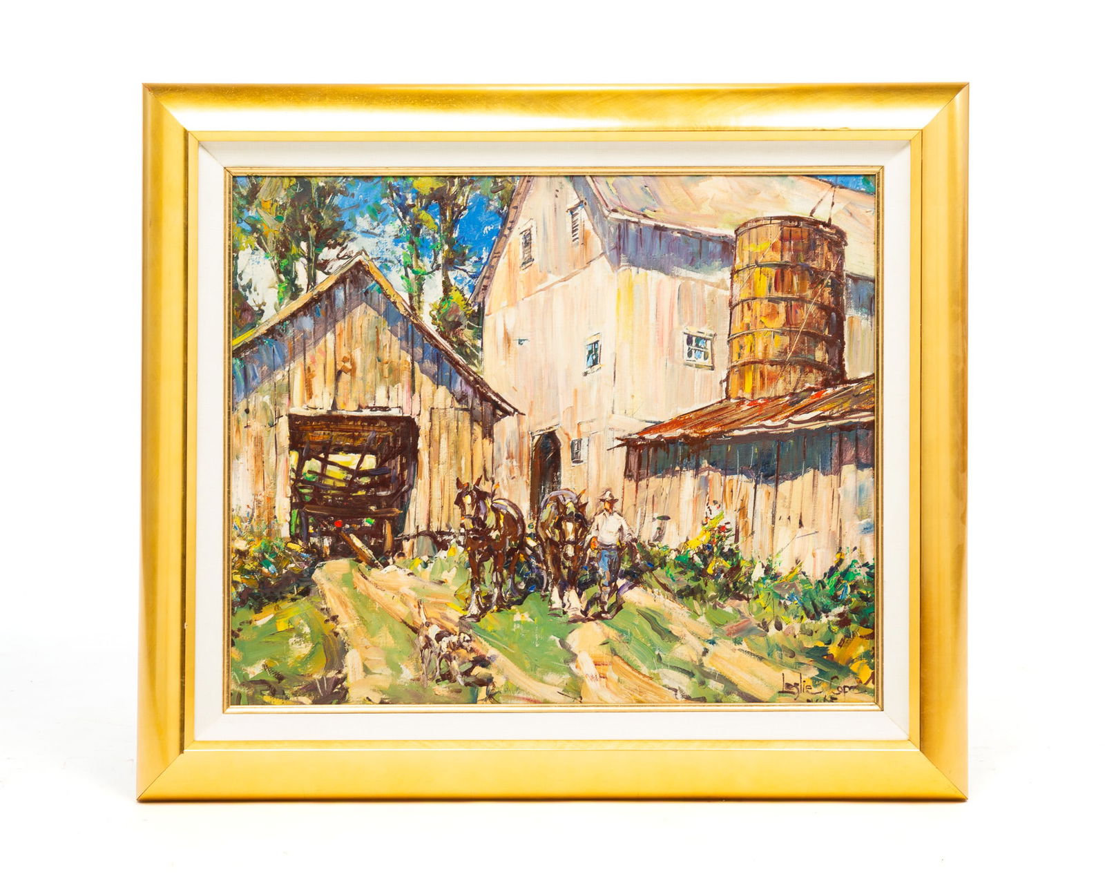 FARM SCENE BY LESLIE COPE (1913-2002).: American (Ohio), 20th Century. Oil on canvas. Large farm buildings with man bringing two horses out of the barn. Signed lower right. 20"h. 24.5"w. In gold frame with linen liner, 26"h. 29.75"w.