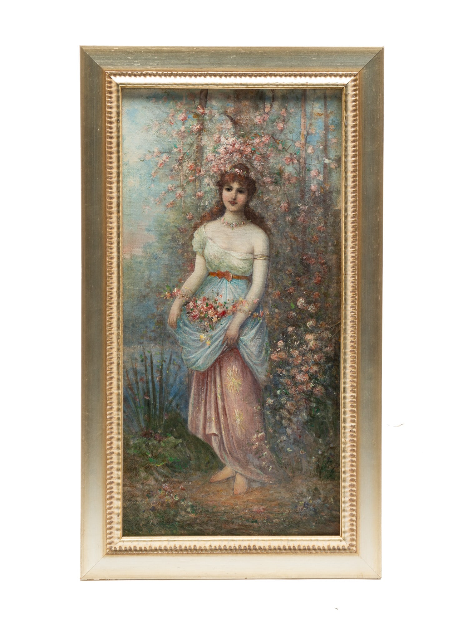 UNSIGNED PORTRAIT OF A YOUNG LADY.: American, 19th Century. Oil on canvas. A fair, barefoot young lady with flowing dress in a field surrounded by flowers. 25"h. 12.5"w. In a silver tone frame, 29"h. 16.5"w.