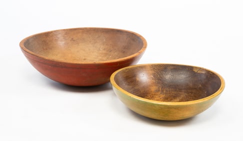 TWO TURNED AND PAINTED WOOD BOWLS.