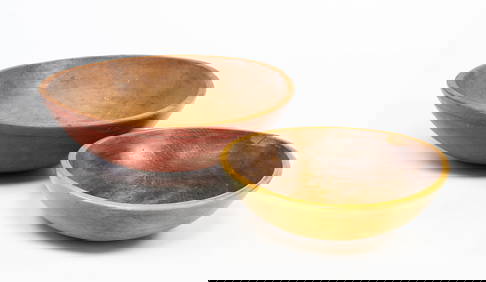 TWO TURNED AND PAINTED WOOD BOWLS. (1 of 4)