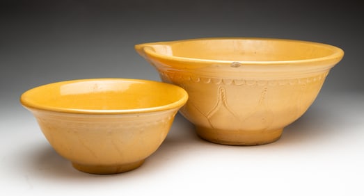 MOLDED YELLOWWARE BATTER BOWL AND MIXING BOWL.
