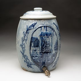 ROBINSON RANSBOTTOM COBALT DECORATED EARTHENWARE LIDDED WATER COOLER.