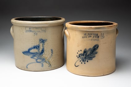 TWO COBALT DECORATED STONEWARE CROCKS.
