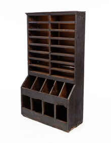 BLACK PAINTED CUBBY HOLE CABINET.
