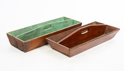 TWO WOOD TOTES OR CARRIERS.