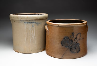 TWO COBALT DECORATED STONEWARE CROCKS.