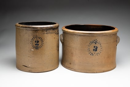 TWO COBALT DECORATED STONEWARE CROCKS.