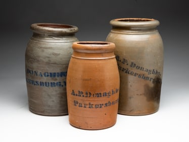 THREE COBALT DECORATED STONEWARE CANNING JARS.
