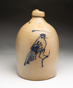 WHITES UTICA STONEWARE JUG WITH COBALT DECORATION.