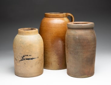 THREE STONEWARE CANNING JARS.