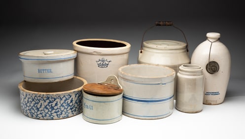 GROUP OF EIGHT WHITE GLAZED STONEWARE ITEMS.