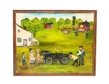 EMILY LUNDE (B. 1914) FOLK ART FARM SCENE.