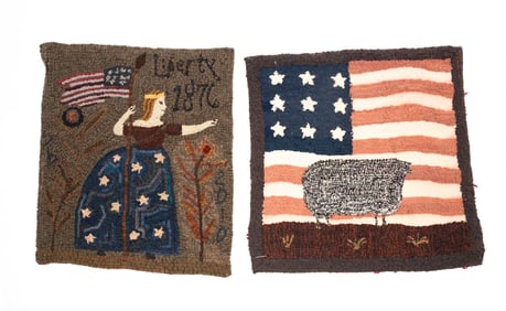 TWO PATRIOTIC HOOKED THROW RUGS.