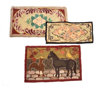 THREE HOOKED THROW RUGS.