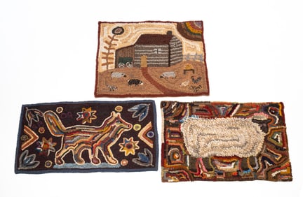 THREE HOOKED THROW RUGS.