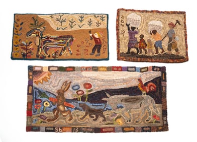 THREE HOOKED THROW RUGS.