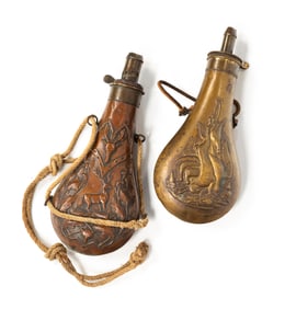 TWO DECORATED GUNPOWDER FLASKS.