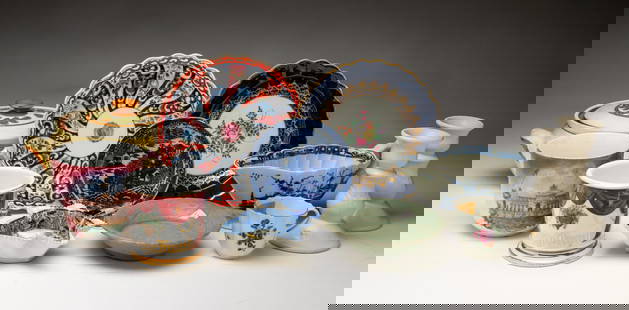 A COLLECTION OF CHINA AND POTTERY.: 19th and 20th Centuries. Six are English. A Doctor Wall blue plate, saucer and sauce boat with crescent moon mark, a Worcester cup with floral decoration and a plate with blue and rust decoration toge