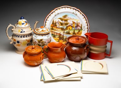 GROUPING OF REDWARE, FAIENCE AND CHINA.