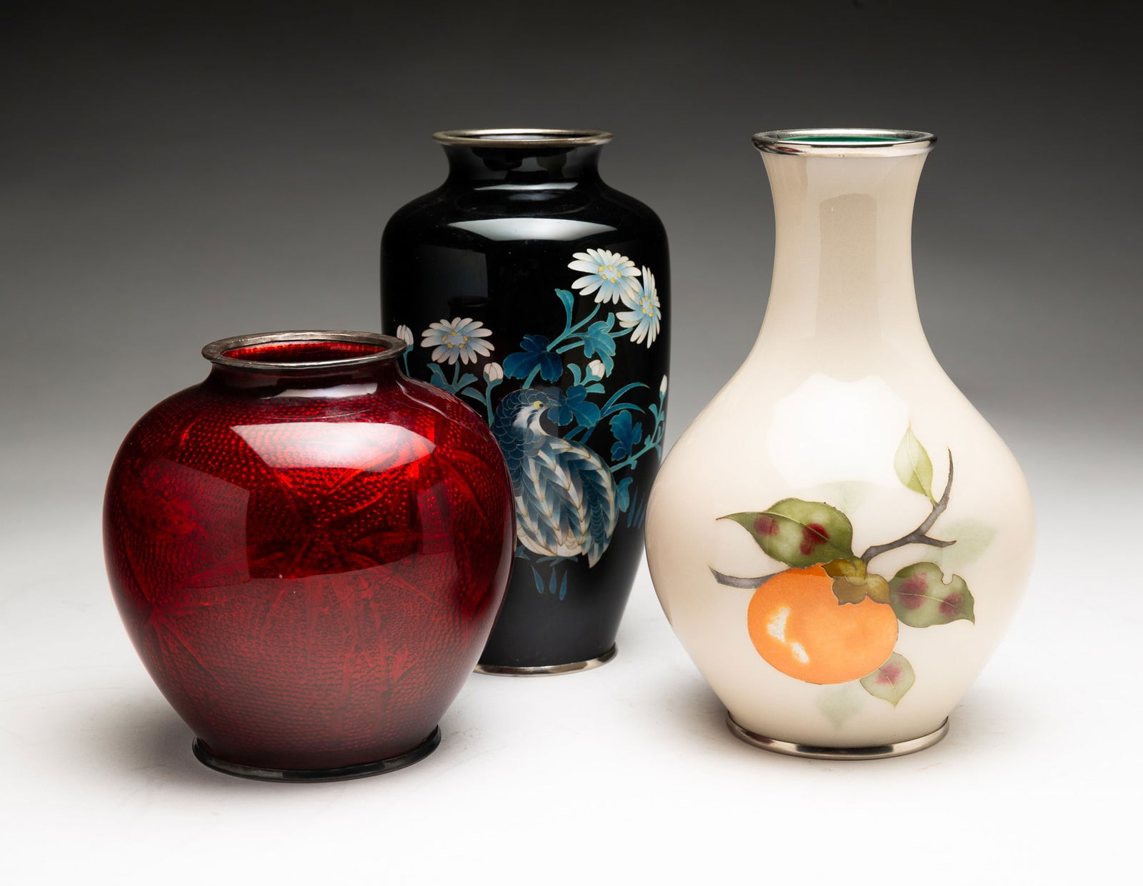 THREE ENAMELED CLOISONNE VASES. (1 of 5)