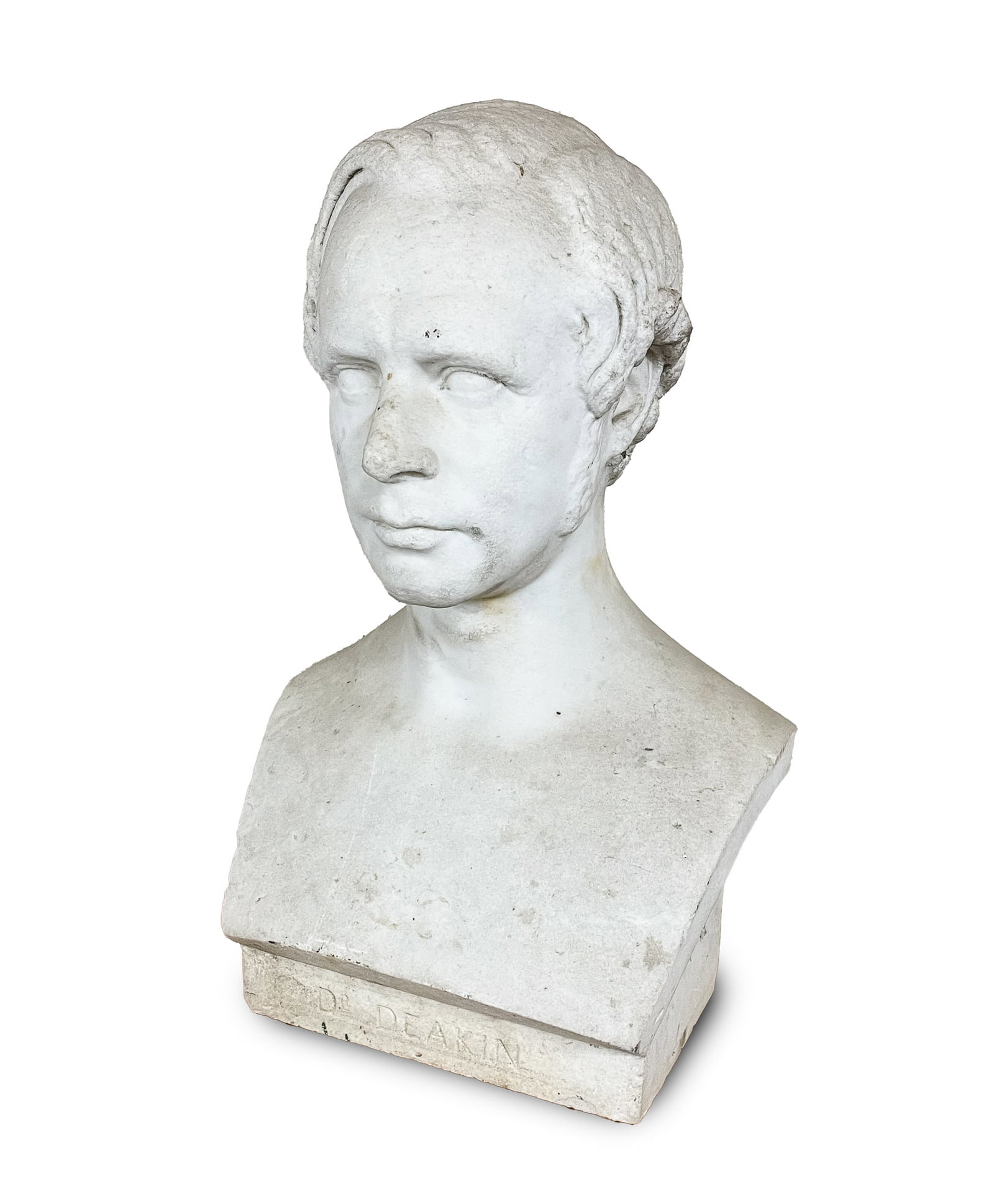 MARBLE BUST OF DOCTOR DEAKIN.: American, 19th Century. Gentleman with wavy hair and sideburns and "Dr. Deakin" carved into rectangular plinth. 20"h.