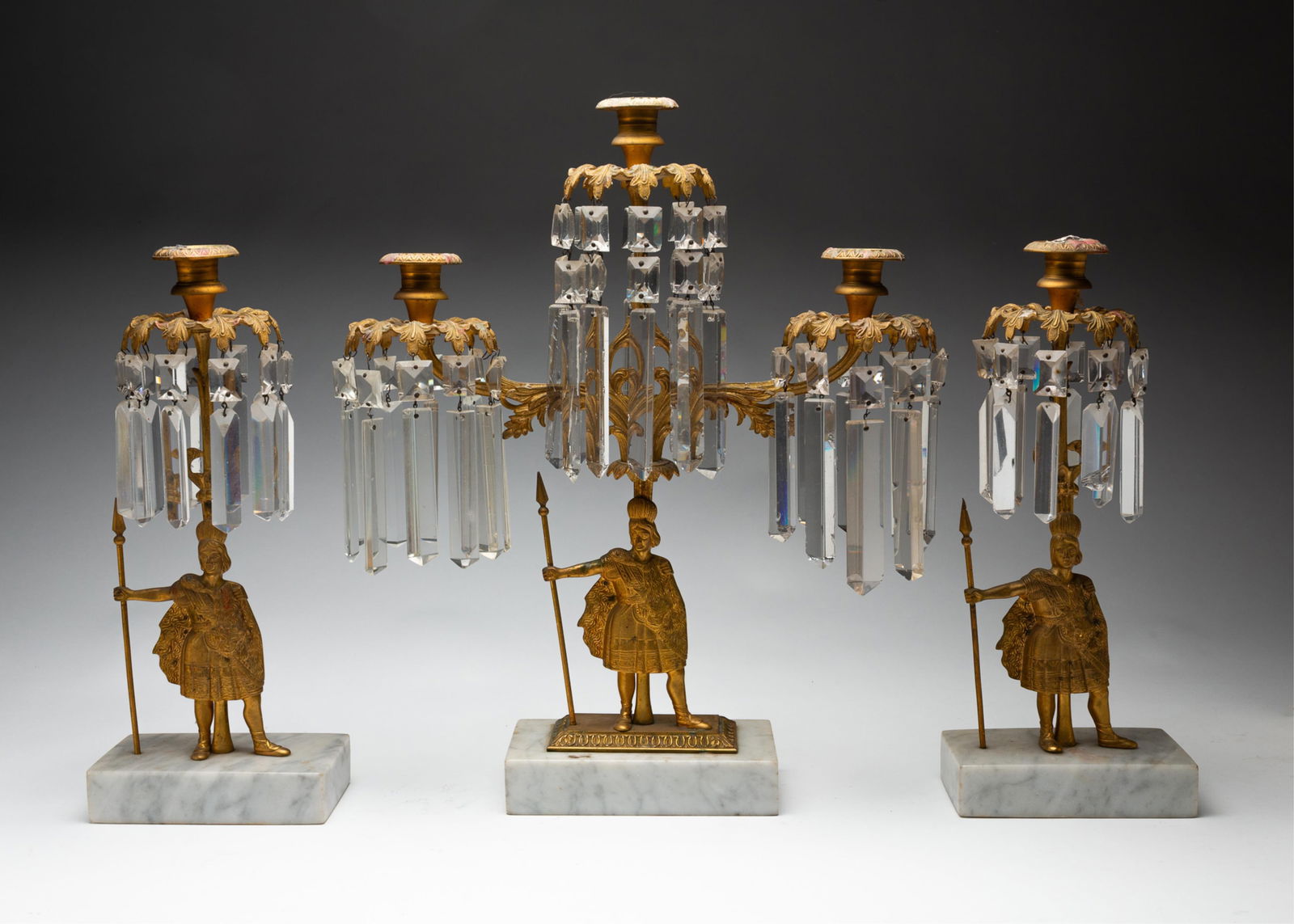 THREE PIECE GILDED BRASS GIRANDOLE SET. (1 of 4)