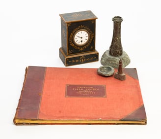 MANTLE CLOCK, SCULPTURE, AND BOOK.