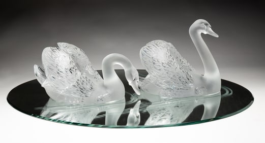 MONUMENTAL LALIQUE SWANS ON MIRROR PLATEAU.