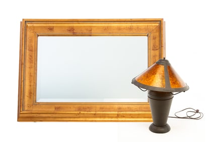 ARTS AND CRAFTS STYLE LAMP AND A LARGE MIRROR.