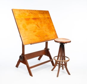 ADJUSTABLE DRAFTING TABLE AND STOOL.