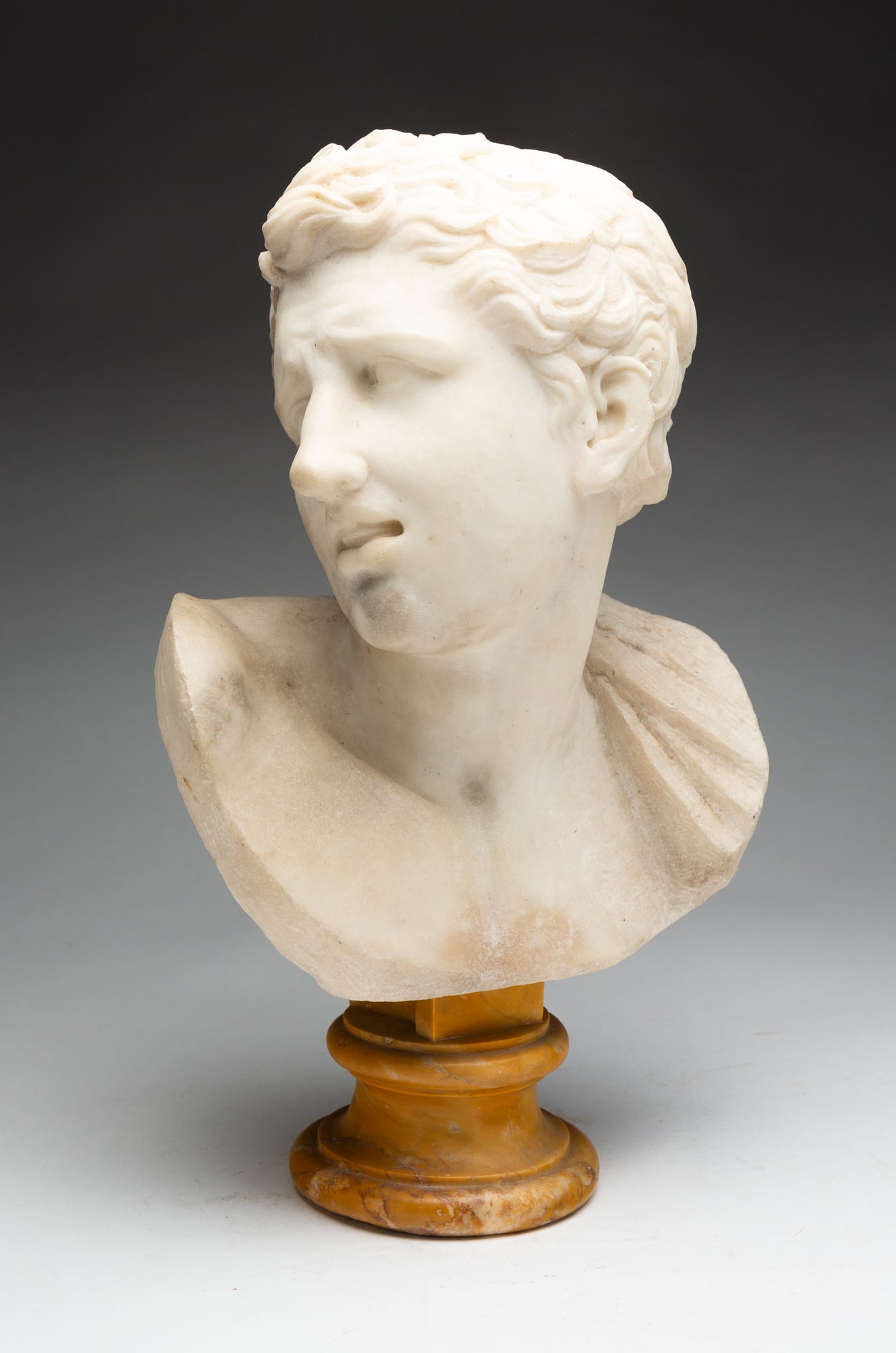 MARBLE BUST OF A YOUNG MAN.: European, 19th Century. Curly haired youth in the Roman style with a cape on his left shoulder, on a turned tan marble base. 16.5"h.