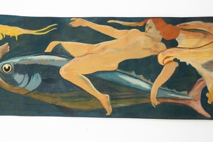 LEATHER SCROLL PAINTING OF A MYTHICAL UNDERWATER SCENE.