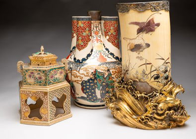 THREE LARGE ASIAN DECORATED VESSELS.