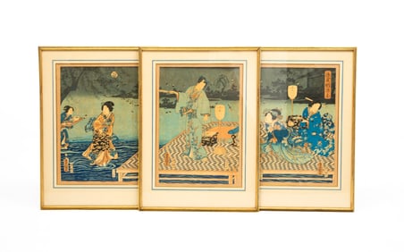 TRIPTYCH OF JAPANESE WOODBLOCK PRINTS SIGNED UTAGAWA KUNISADA (TOYOKUNI III) (JAPANESE, 1786-1864).