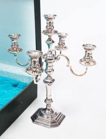 BOXED KUYEDA STERLING SILVER FOUR ARM CANDELABRA.