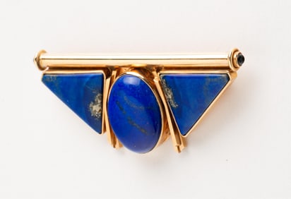 14K YELLOW GOLD LAPIS LAZULI BROOCH.