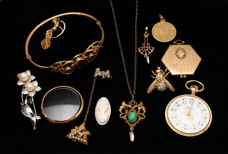 GROUP OF VINTAGE AND VICTORIAN JEWELRY.: Includes brooches, a Victorian brass and glass hinged bracelet, a silver floral brooch with pearls, a fraternity pin with seed pearls, an Egyptian Revival pendant with pearl, necklace with green stone