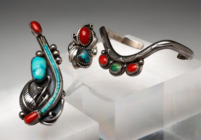 STERLING SILVER NAVAJO SIGNED RINGS AND CUFF.