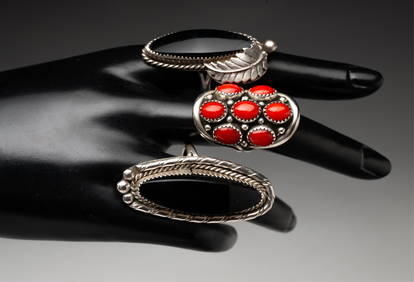 THREE NAVAJO STERLING SILVER AND GEMSTONE RINGS. (1 of 8)