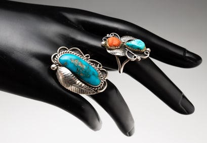 TWO NAVAJO OLD PAWN STERLING AND TURQUOISE RINGS.