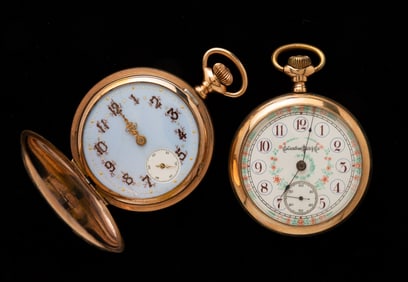 TWO FANCY DIAL COLUMBUS POCKET WATCHES.