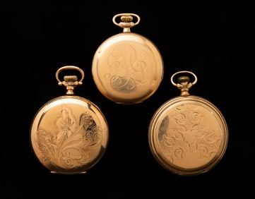 THREE HUNTING CASE POCKET WATCHES.