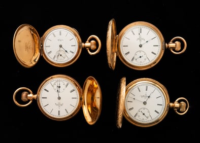 FOUR ELGIN LADIES HUNTING CASE POCKET WATCHES.