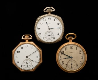 THREE ELGIN OPEN FACE POCKET WATCHES.