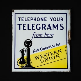 WESTERN UNION TELEGRAM DOUBLE SIDED PORCELAIN ADVERTISING SIGN.