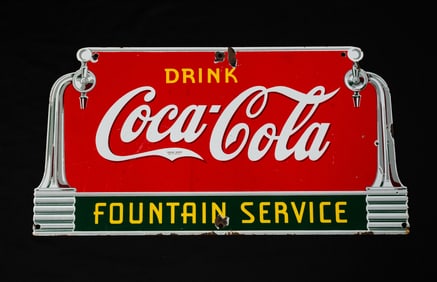 COCA COLA FOUNTAIN SERVICE PORCELAIN ADVERTISING SIGN.