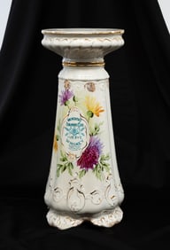 IRONSTONE DECORATED AND GLAZED DIAMOND WHISKEY ADVERTISING JARDINIERE STAND.