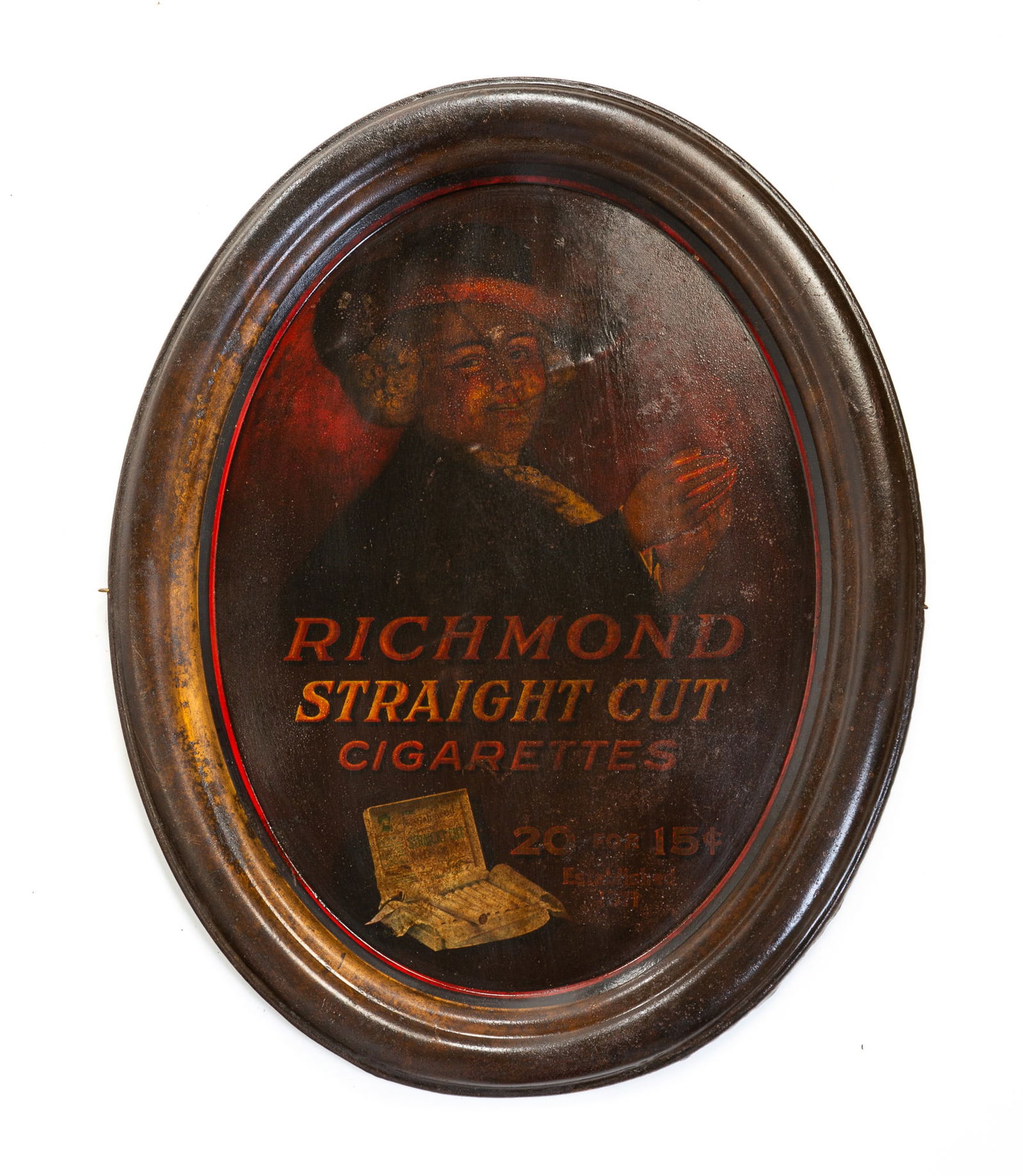 RICHMOND STRAIGHT CUT CIGARETTES TIN LITHOGRAPH SIGN. (1 of 4)