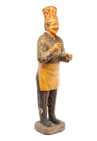 NEARLY LIFE SIZE CARVED AND PAINTED CHEF SCULPTURE.